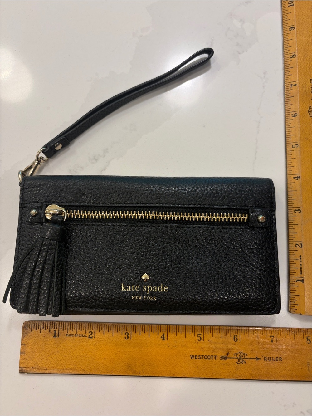 kate spade Black Leather Zip Tassel Wristlet